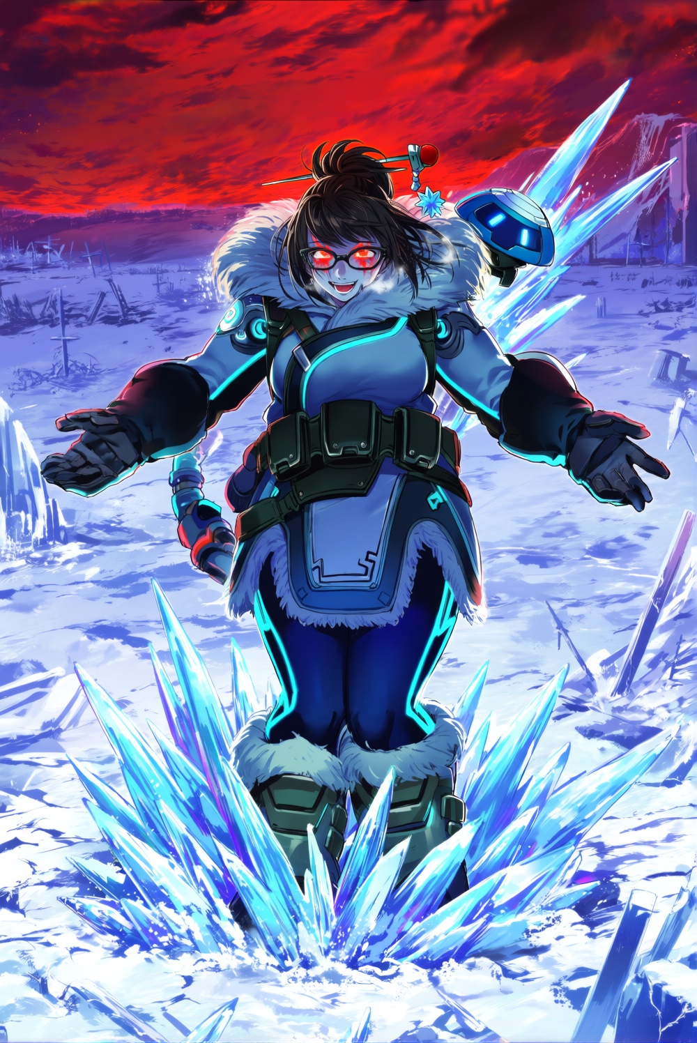 @cibo \(killy\). Mei from Overwatch stands in the center of a vast,  frozen wasteland under a blood-red sky,  her arms out...