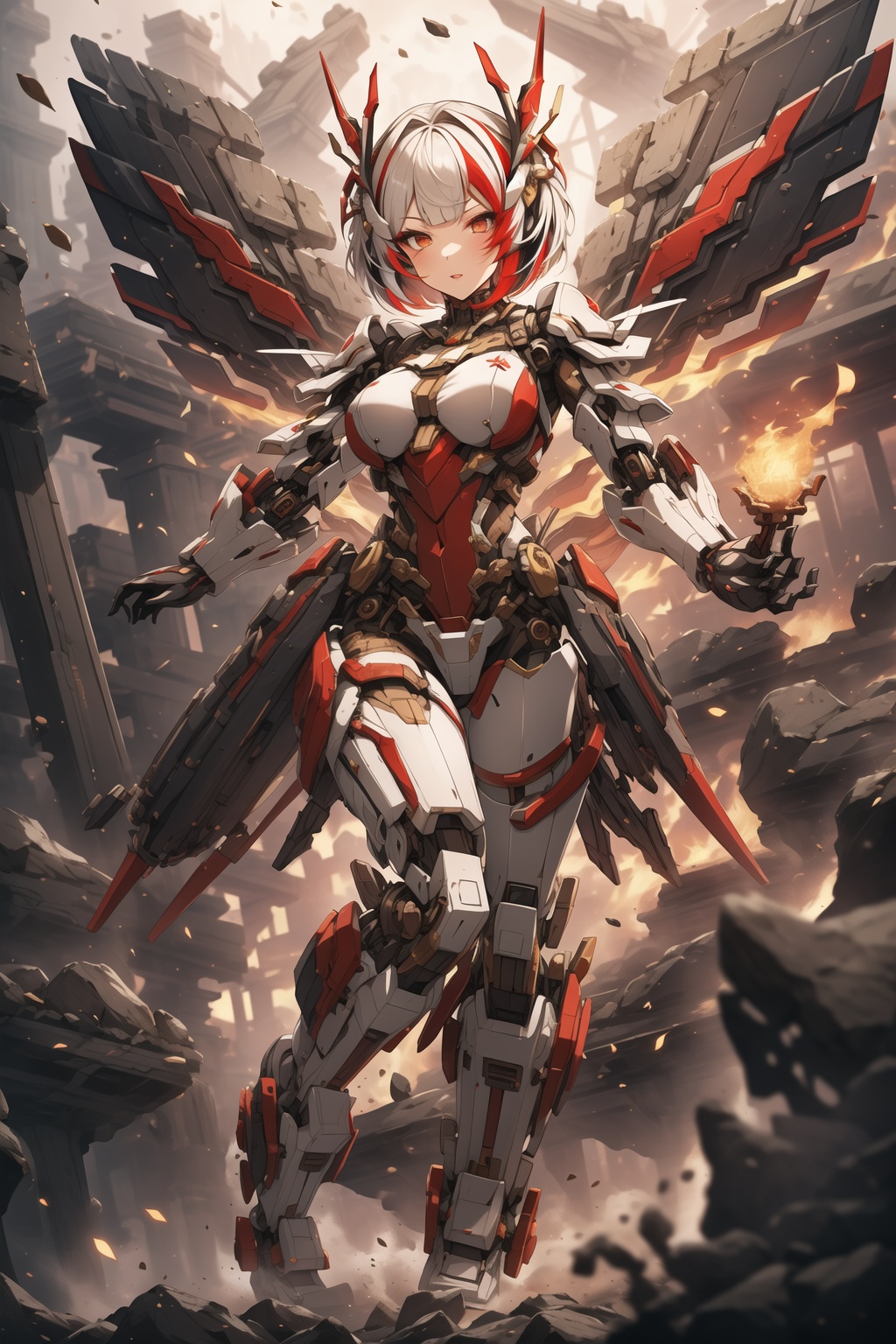 fire,mecha,1girl,solo,full body,looking at viewer,white background,bob cut,short hair,multicolored hair,makeup,parted lips,red lips,eyeliner,