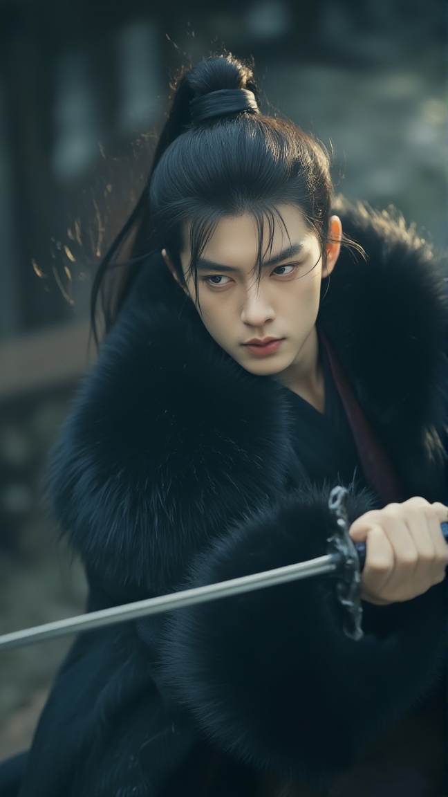 neomj,<lora:neomj古风v9_15:0.9>,A man with long dark hair pulled back in a top knot holds a sword,He wears a dark fur-trimmed jacket with a hint of red underneath. The background appears blurry and dark,with hints of light and some structure in the back. The man's face shows a focused expression.,