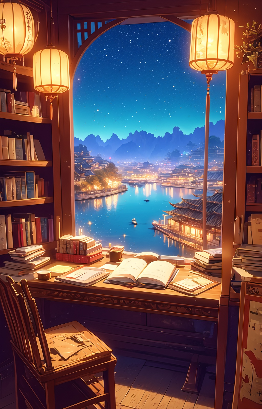 scenery,book,sky,no humans,star \(sky\),book stack,night,bookshelf,lantern,window,starry sky,<lora:gufencj:1>,
