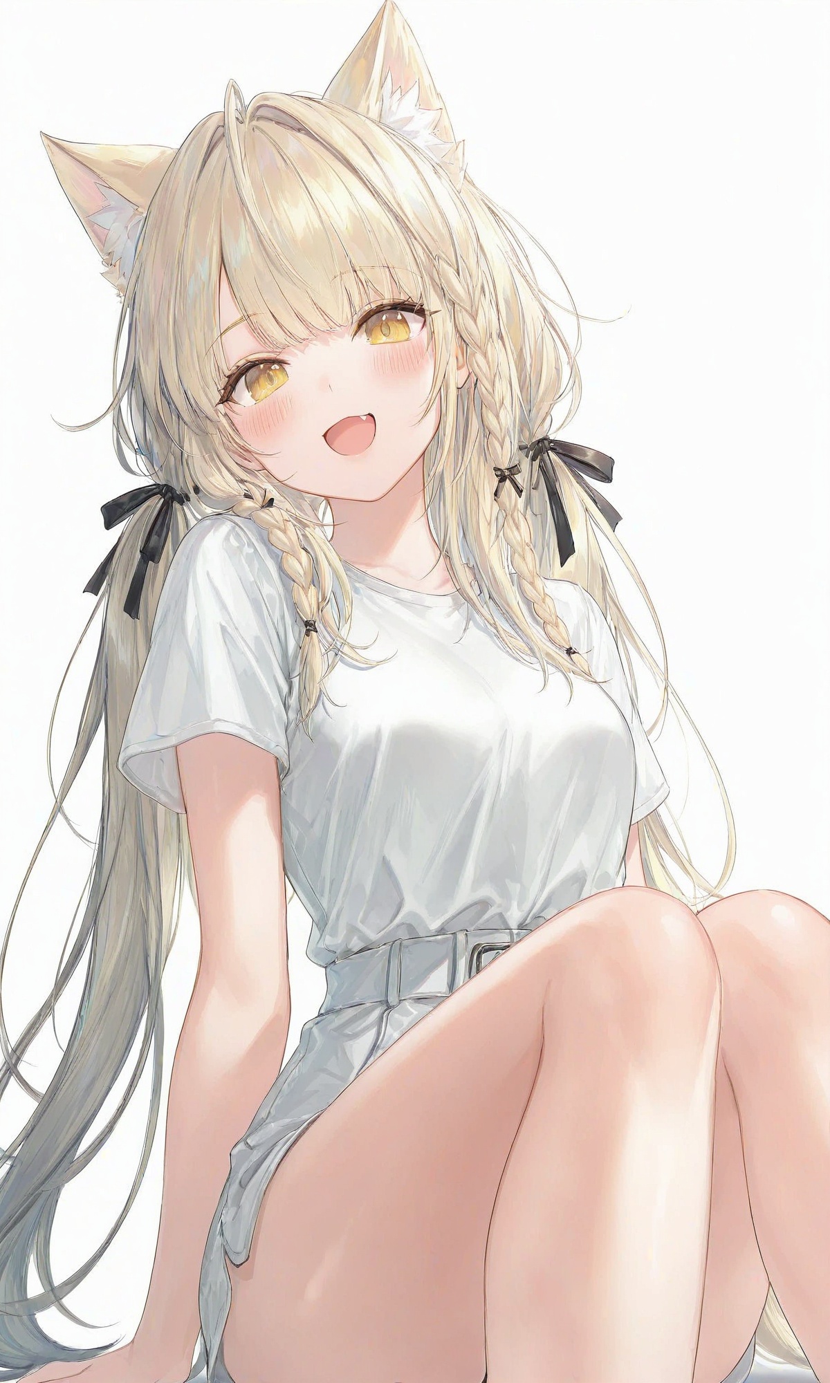 masterpiece,extremely delicate and beautiful,best quality,artistic style,fashionable,cool and fashionable,masterpiece,best quality,good quality,very aesthetic,1girl,solo,long hair,looking at viewer,blush,smile,open mouth,bangs,blonde hair,simple background,shirt,white background,ribbon,animal ears,twintails,sitting,hair ribbon,yellow eyes,white shirt,braid,short sleeves,:d,fang,cat ears,twin braids,animal ear fluff,bare legs,black ribbon,