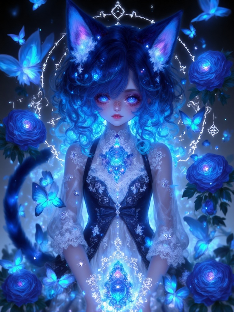 1girl,navy blue hair,long wavy curl hair,no bangs,light blue eyes,white lace dress,blue cat ears,white tip on left ear,long deep blue cat tail,teardrop mole under right eye,dark blue roses,blue butterflies,ethereal background,soft magical lighting,delicate fantasy aesthetic,half-body shot,front view,best quality,masterpiece,