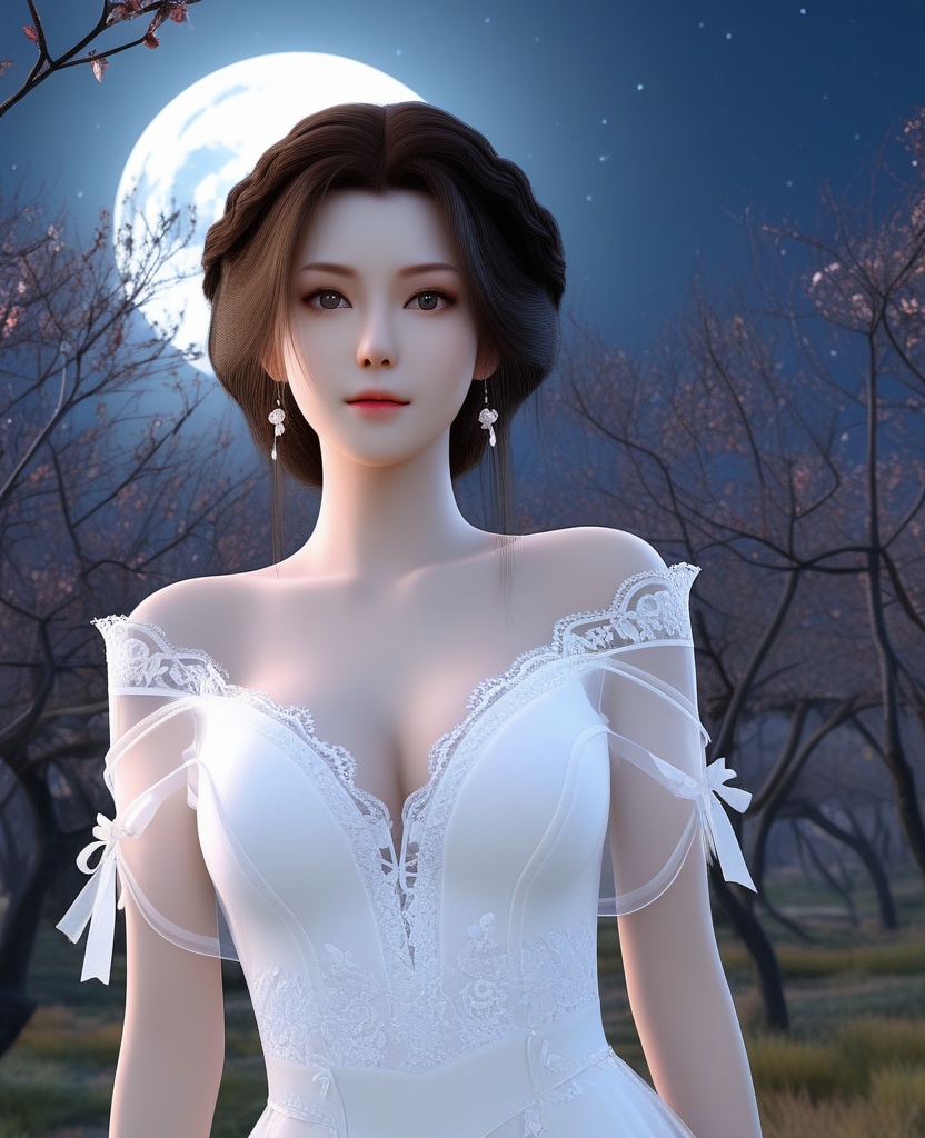 <lora:592-DA-XL-星辰变-姜立:0.8>(,1girl, ,best quality, ),looking at viewer,  ,ultra detailed background,ultra detailed background,ultra realistic 8k cg, ,masterpiece, (( , )),, ,fiction,mole,,      ,(cleavage), (),  ,see-through, lace, (((, solo, moon, , bare_tree, )))(cleavage),
