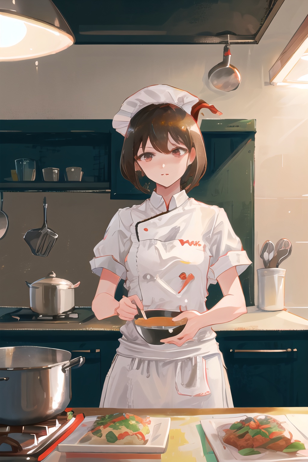 1girl,solo,shameimaru aya,hat,chef_uniform,red eyes,short hair,brown hair,front view,<lora:shameimaru aya002-000012:0.6>,kitchen,(chef_hat:1.1),ladle,pot,absurdres,wallpaper,