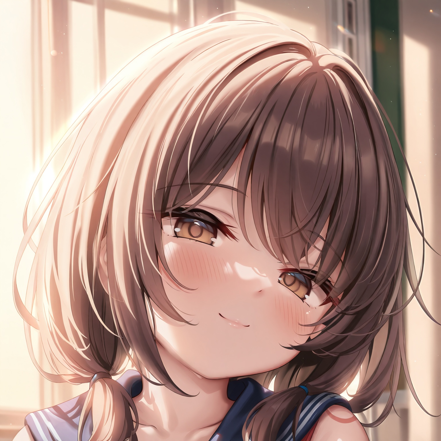masterpiece,absurdres,best quality,((petite)),loli,high quality,chromatic_aberration,shiny_skin,//,1girl, solo,medium_hair, brown_hair, brown_eyes,upper_body, portrait, head_and_shoulders, close-up,school_uniform, sailor_collar,looking_at_viewer, soft_smile,natural_lighting,classroom_background, window_light,depth_of_field, clean_composition,anime_style, high_detail, masterpiece//,<lora:kokuto_(kurousagi1210)——【CKXL】hans:0.88>,