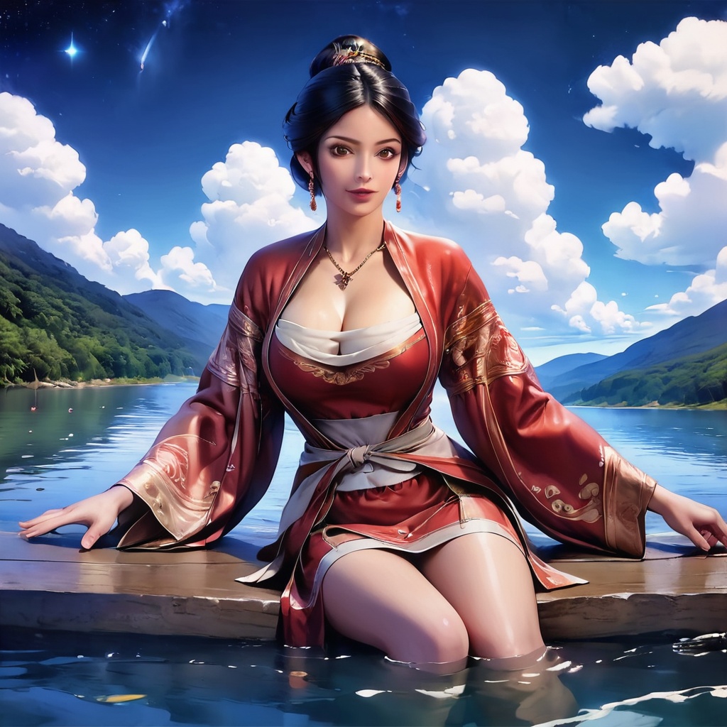 1girl,jewelry,solo,sky,sitting,black hair,necklace,realistic,breasts,earrings,water,lake,cleavage,looking at viewer,wide sleeves,cloud,outdoors,brown eyes,dress,hair bun,large breasts,lips,<lora:lora.by_tusi:0.8>,