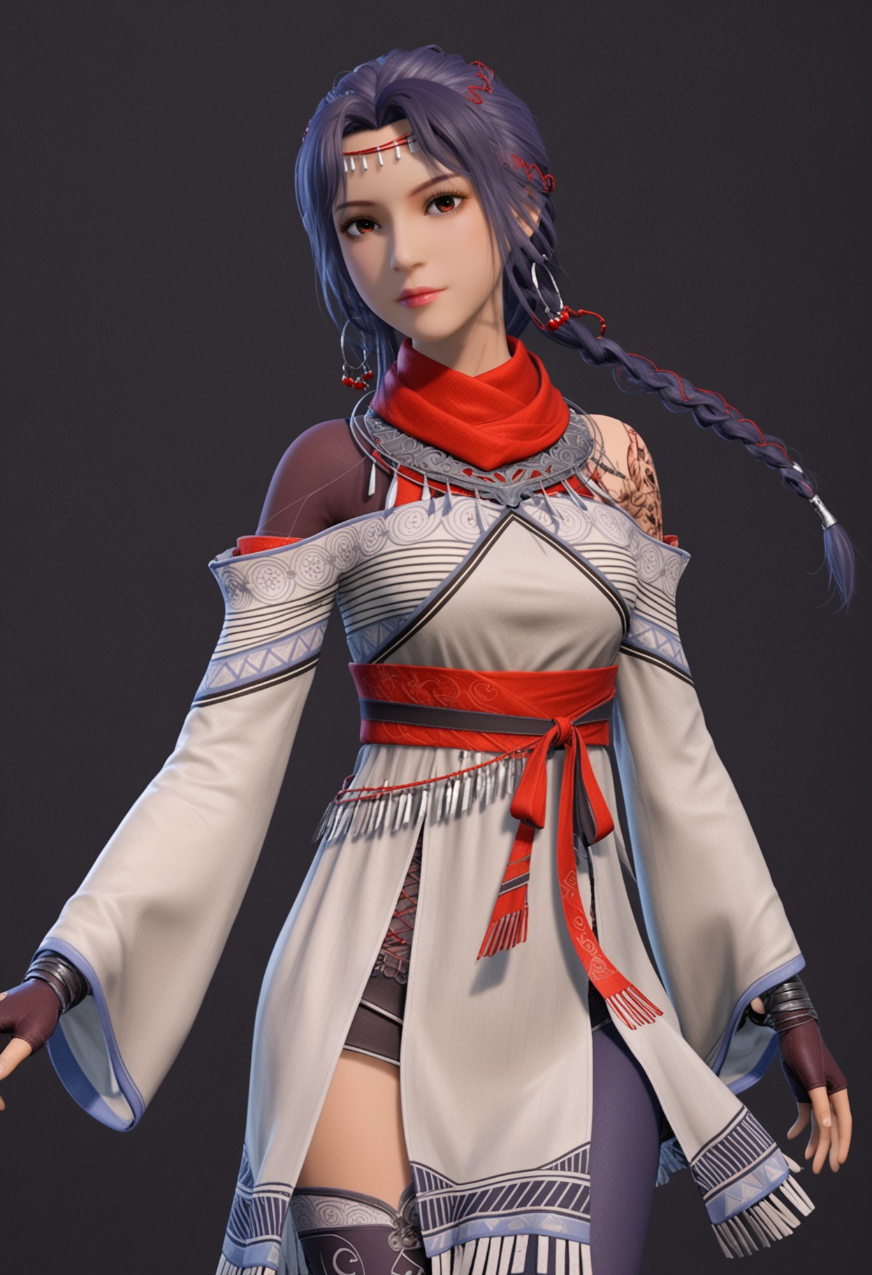 (looking_at_viewer:1.2),upper_body,<lora:YQ_pony_xiancan_V4:0.8>,q1528437228,solo,1girl,black hair,jewelry,hair ornament,brown eyes,brown hair,scarf,single tattoo,red scarf,long hair,earrings,short hair,braid,necklace,gloves,black eyes,dress,fingerless gloves,red eyes,hoop earrings,long sleeves,bandana,sash,thighhighs,circlet,white dress,arm tattoo,pantyhose,dark skin,black gloves,fringe trim,multiple braids,dark-skinned female,asymmetrical legwear,blue hair,headband,shoes,single braid,legs,single thighhigh,socks,armor,(simple background,pure black background,black background:1.1),perfect_anatomy,