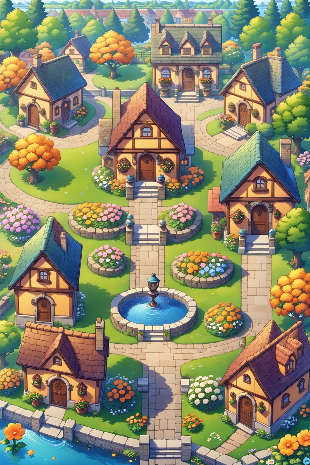 flower, outdoors, day, water, tree, no humans, window, grass, plant, building, scenery, stairs, yellow flower, fence, door, potted plant, bush, house, orange flower, pond, garden, chimney, HD, best quality, 16k，  <lora:lora:0.8>