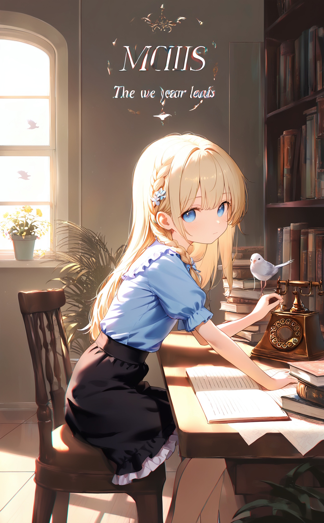 masterpiece,very aware,highres,absurdres,newest,best quality,high quality,loli,petite,chromatic_aberration,white_background,//, 1girl, sitting, window, skirt, indoors, mouse, book, long hair, bird, shirt, blue eyes, solo, black skirt, blue shirt, short sleeves, bookshelf, blonde hair, braid, flower, frills, hair ornament, book stack, animal, table, puffy sleeves, puffy short sleeves, desk, looking at viewer, chair, closed mouth, from side, ribbon, english text, frilled skirt, rotary phone, frilled shirt, potted plant//,year_2023,year_2024,//,
