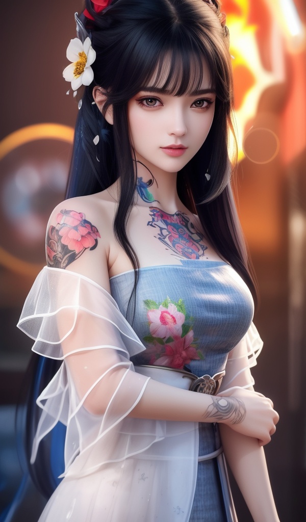 (,1girl, ,best quality, ),looking at viewer, <lora:381-DA-武动乾坤-绫清竹-新模:0.8> ,,ultra detailed background,ultra detailed background,ultra realistic 8k cg,, ,masterpiece, (( , )),ultra realistic 8k cgSurrounded by strange, movie perspective, advertising style, Colorful background, splash of color A beautiful woman with delicate facial features,tattoo all over body, flower arms,