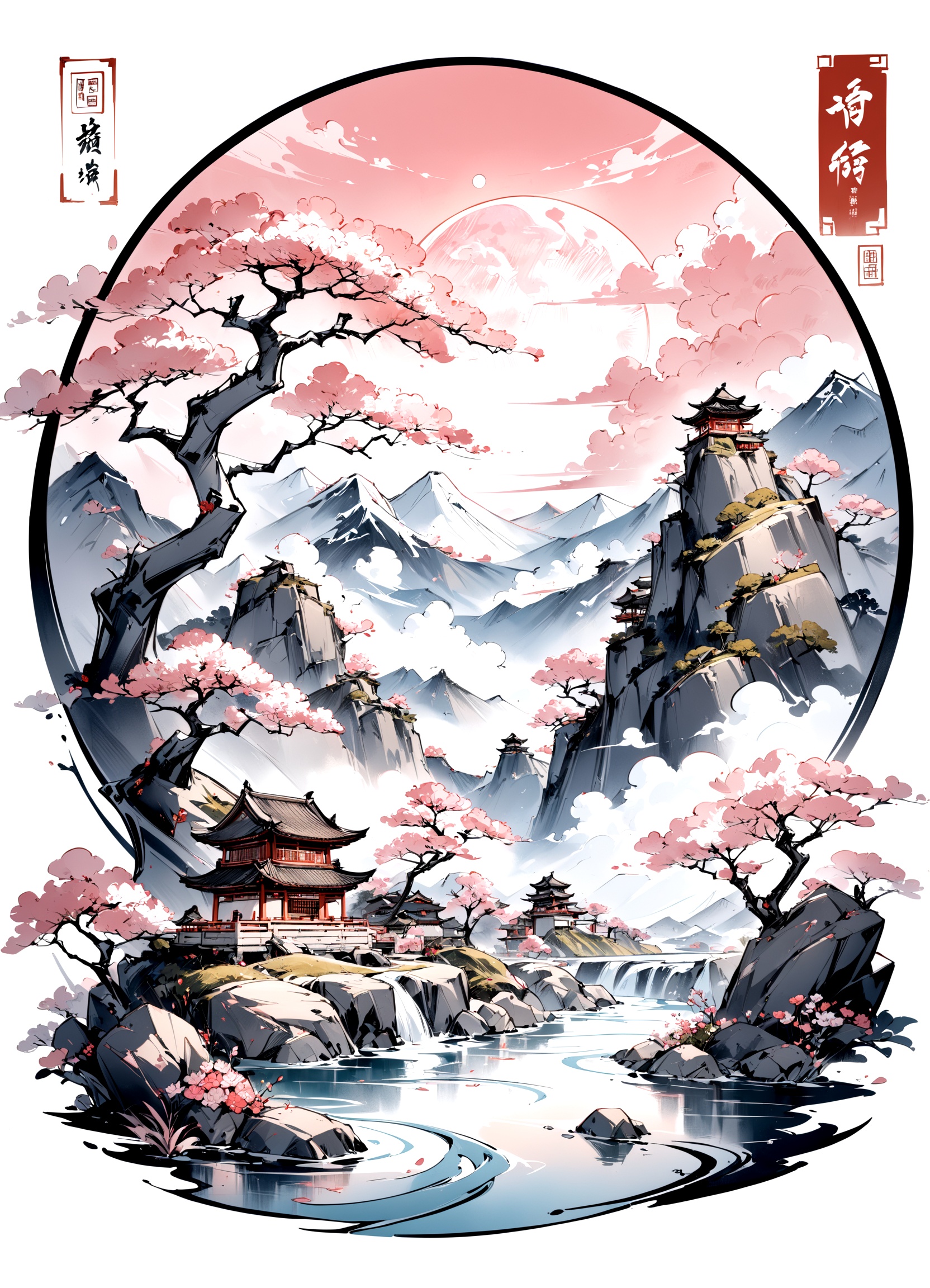 ((masterpiece)),((best quality)), traditional Chinese painting,inkwash painting,mountain,cloud,river,flower,tree,pink moon, in the style of zen, white and yellow,  traditional chinese,clouds,stamp,text,((curved white background)),
