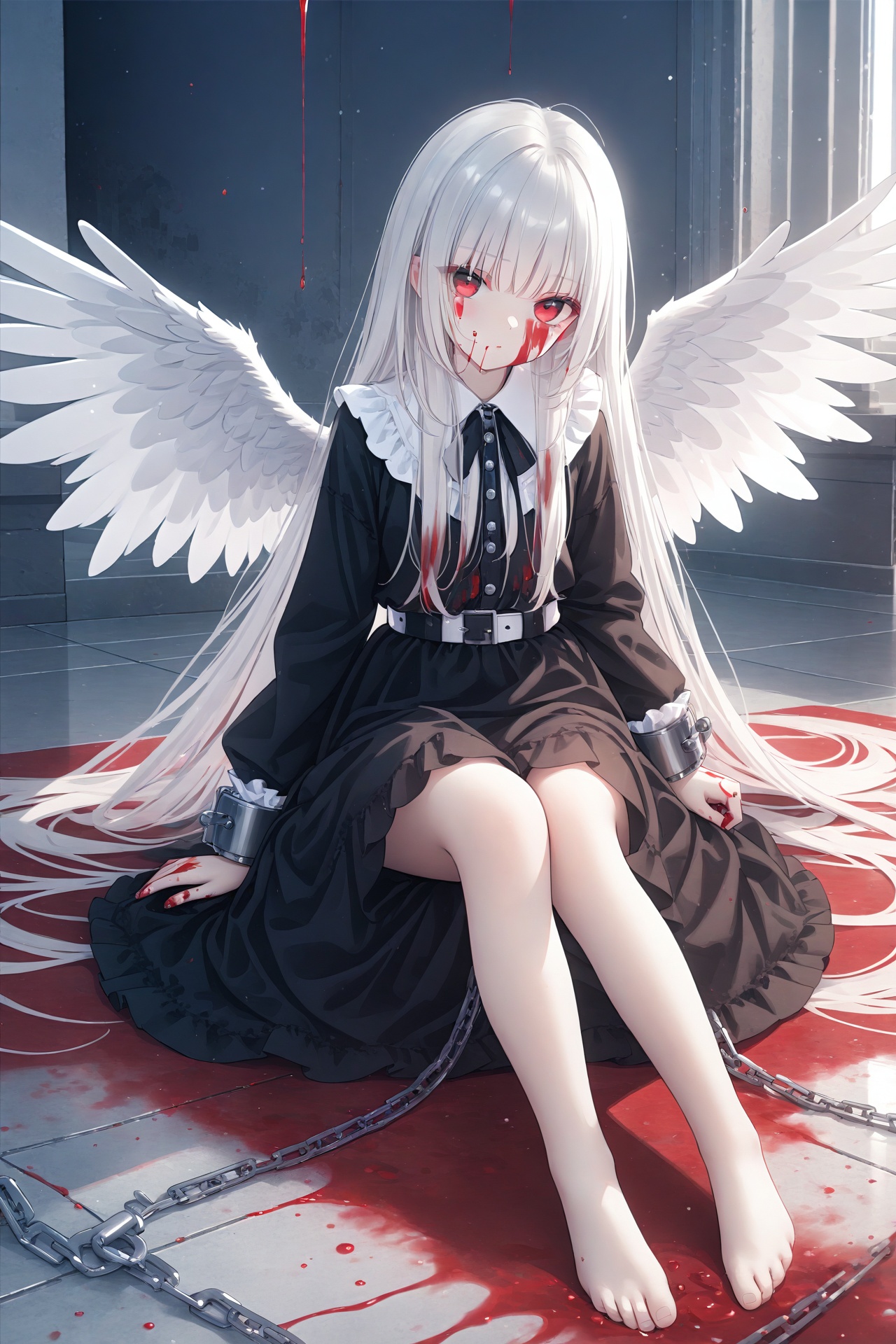 (masterpiece),(best quality),illustration,ultra detailed,hdr,Depth of field,(colorful),1girl,solo,wings,blood,long hair,sitting,chain,red eyes,blood on hands,feathered wings,barefoot,blood on face,blood from eyes,dress,long sleeves,cuffs,feathers,frills,looking at viewer,very long hair,white wings,bandages,shackles,bangs,<lora:loli-lora-hansXL:0.4>,