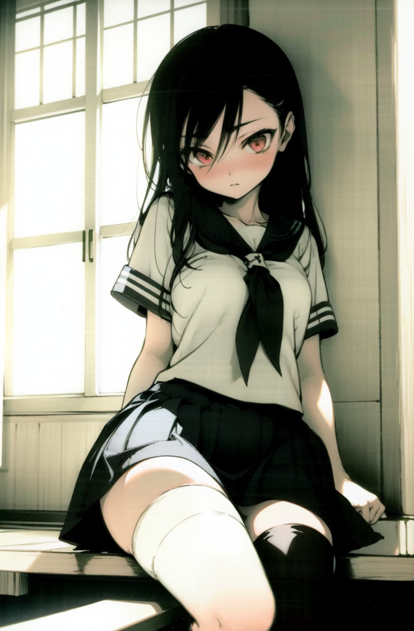 masterpiece,best quality,(absurdres,:1.4),1girl,solo,monochrome,silhouette,indoors,school uniform,pleated skirt,black thighhighs,sitting,backlighting,noise,overexposure,japanese room,window,red eyes,