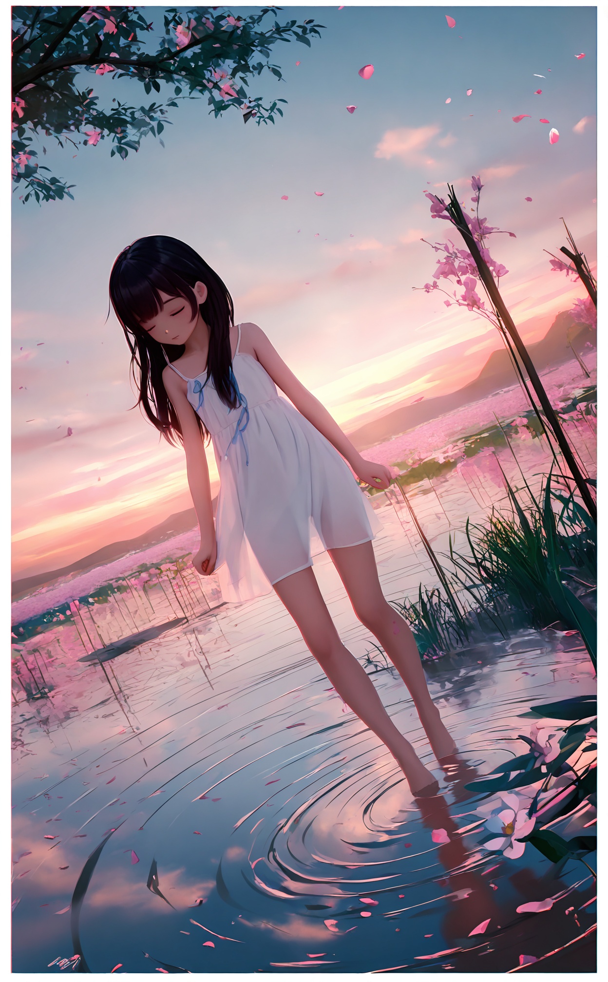 masterpiece,very aware,highres,absurdres,newest,best quality,loli,petite,high quality,chromatic_aberration,chromatic_aberration,cinematic_angle,dutch angle,//,1girl, long hair, black hair, dress, flower, barefoot, signature, water, white dress, petals, border, plant, white border, reflection, branch, ripples//,//,<lora:MMD3——【noob】hans:0.8>,