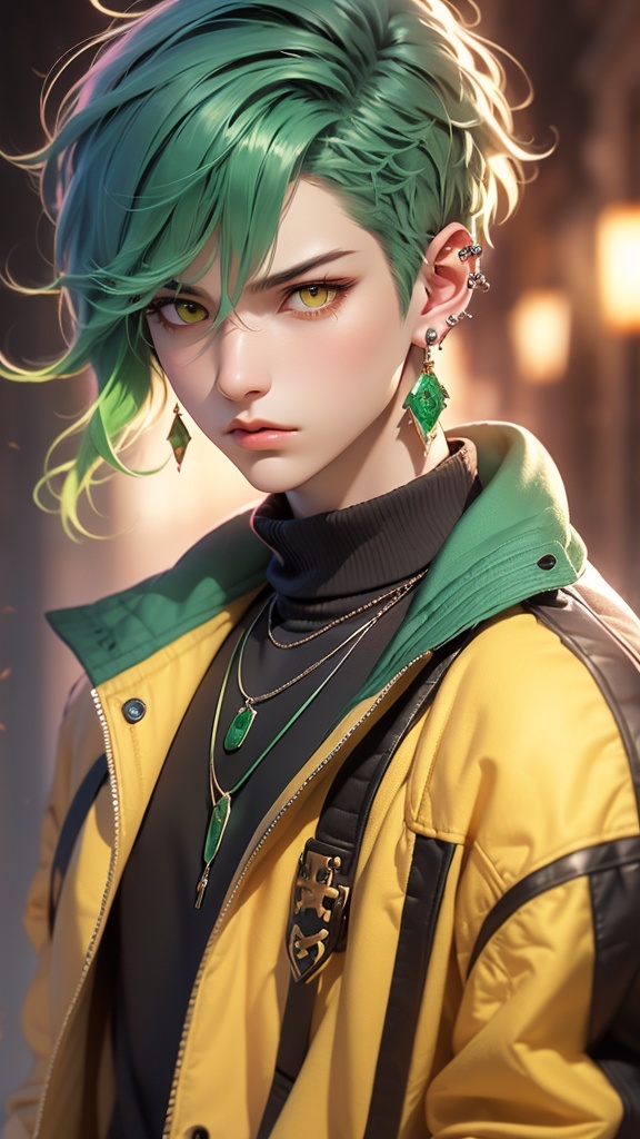 CG,solo, jewelry, jacket, looking at viewer, necklace, 1boy, green hair, earrings, male focus, short hair, yellow eyes, multicolored hair, portrait, closed mouth, bangs, piercing, eyelashes, lips, upper body, ear piercing, green jacket, turtleneck, open jacket, shirt, gradient