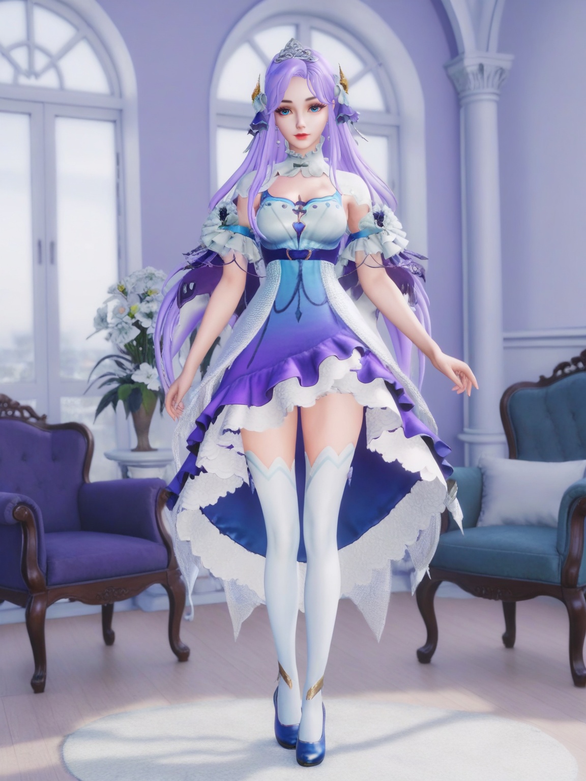 score_9,<lora:SF_DaQiao_ZAHJ_Pony_Realism2.3-000004:0.7>,1girl,SFDaQiao,solo,breasts,looking at viewer,dress,hair ornament,purple hair,long hair, lipstick,makeup,eyelashes,eyeshadow,thighhighs,standing,blue footwear,white thighhighs,chair,window,indoors,flower flower pot,