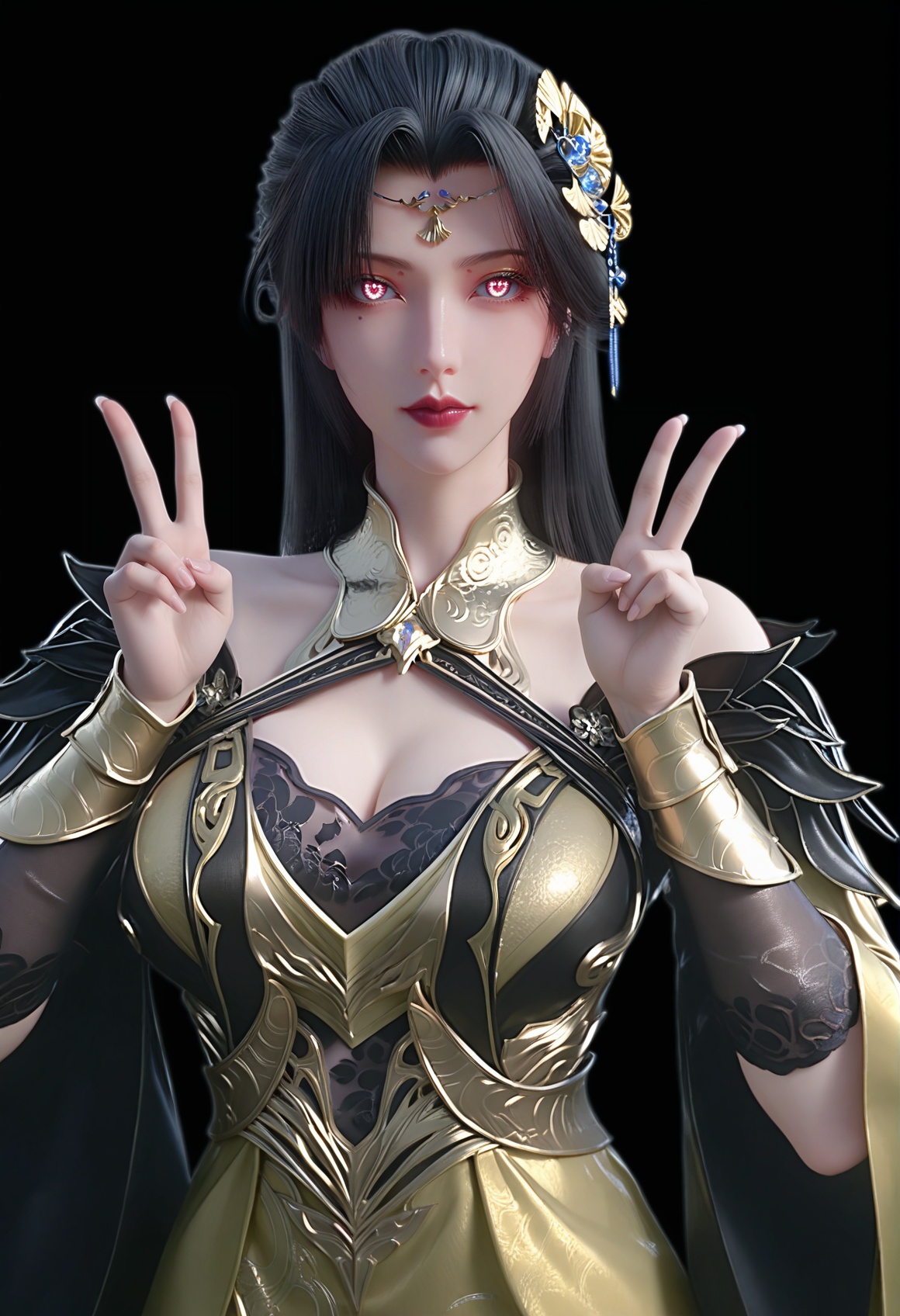 (score_9),<lora:柳如烟-Apony:0.8>,lry,(mature_female),solo,long hair,hair ornament,black hair,mole under eye,detached collar,forehead jewelry,wrist guards,dress,sleeve,<lora:perfect eyes_v1:0.68>,bright pupils,upper body,looking at viewer,front view,double v,light blush,<lora:Expressive_H-000001:0.8>,(glamor:1.2),curvy,collarbone,pointy breasts,puffy breasts,large breasts,narrow waist,simple background, black background, 