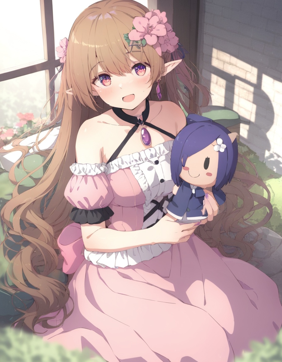 sy4style,1girl,    black sleeves, holding, pink dress, hair flower, earrings, long dress, brown hair, detached sleeves, alternate costume, jewelry, puffy short sleeves, bare shoulders, purple eyes, dress, short sleeves, very long hair, pointy ears, holding doll, doll, elf, pink flower, solo, puffy sleeves, flower, looking at viewer, open mouth, character doll, long hair, smile, :d, hair ornament, gem, purple gemstone, masterpiece, newest, absurdres, safe <lora:sy4style (3):1>