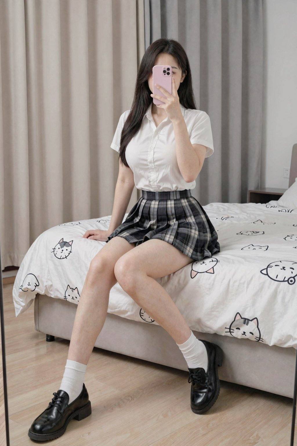 A photograph of an Asian woman with long, straight black hair, sitting on a bed. She's wearing a white short-sleeved blouse, a high-waisted plaid skirt, white socks, and black shoes. Her legs are crossed, and she's holding a pink phone in front of her face, partially obscuring it. The bed has white sheets with cartoon cat patterns. The background features beige and grey curtains. The room has a modern, minimalist design with light-colored wooden flooring.
