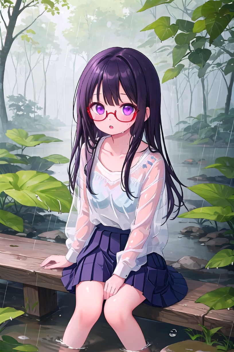 1girl, solo, long_hair, glasses, purple_eyes, black_hair, sitting, red-framed_eyewear, looking_at_viewer, sandals, outdoors, pleated_skirt, blush, white_shirt, rain, collarbone, bangs, parted_lips, water_drop, tree, forest, hand_between_legs, plant, blue_skirt, bare_legs, see-through, :o, wet  <lora:632583991924385209-000006:0.7>