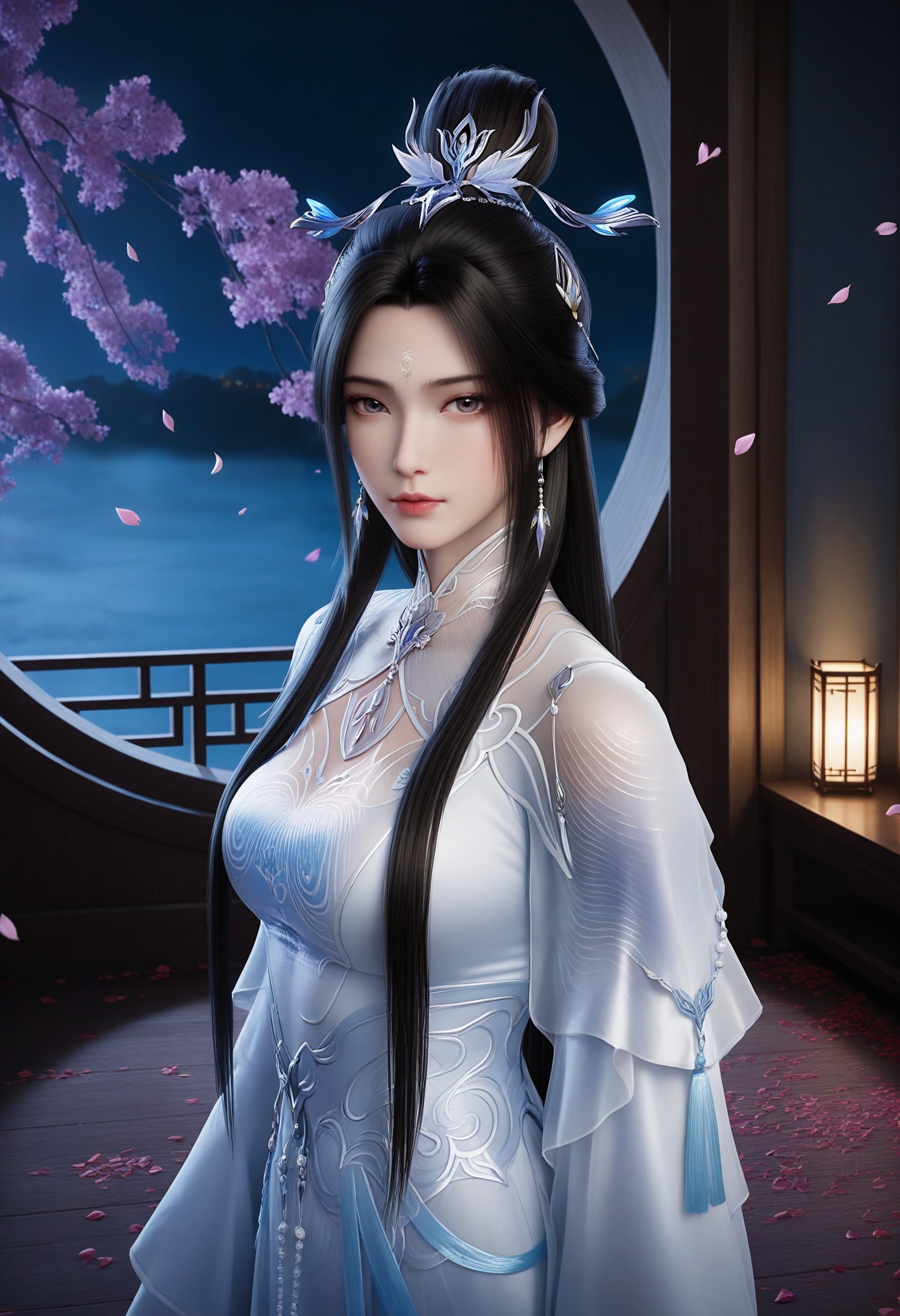 masterpiece,best quality,amazing quality,very aesthetic,high resolution,ultra-detailed,absurdres,scenery,photorealistic,(looking at viewer:1.1),upper body,(Dark room:1.3),(moody lighting:1.1),falling petals,breasts,luxueqi,1girl,solo,black hair,long hair,dress,jewelry,earrings,hair ornament,forehead mark,white dress,hair bun,realistic,chinese clothes,shoes BREAK photorealistic details,<lora:QQSillluxueqiV1:0.8>,