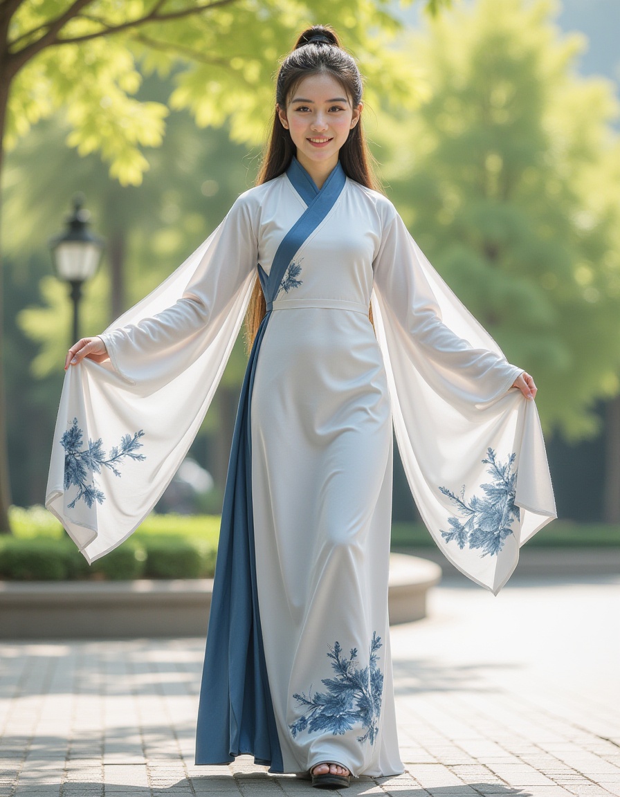 1girl,full body,realistic,long sleeves,wide sleeves,chinese dress,outdoors,smirk