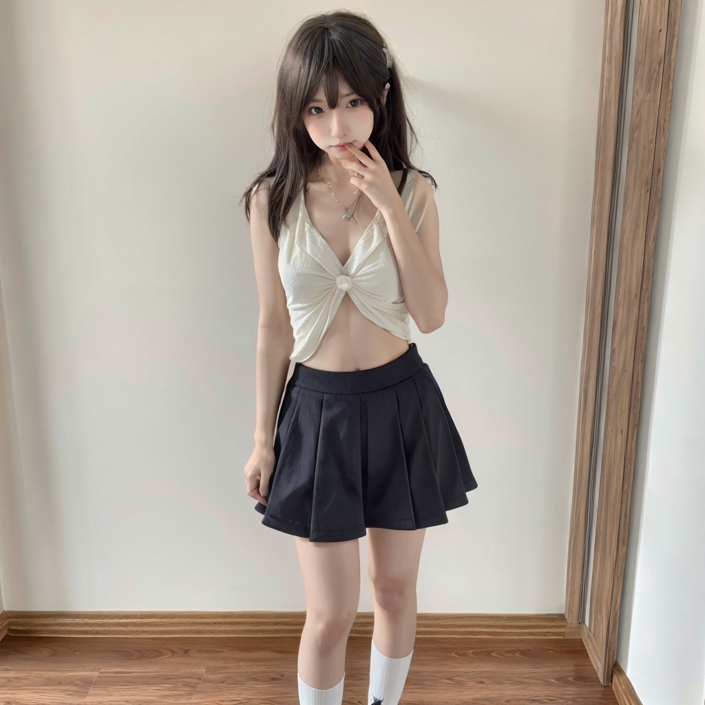 1girl,solo,collarbone,navel,long legs,skirt,socks,<lora:luoli:0.8>,