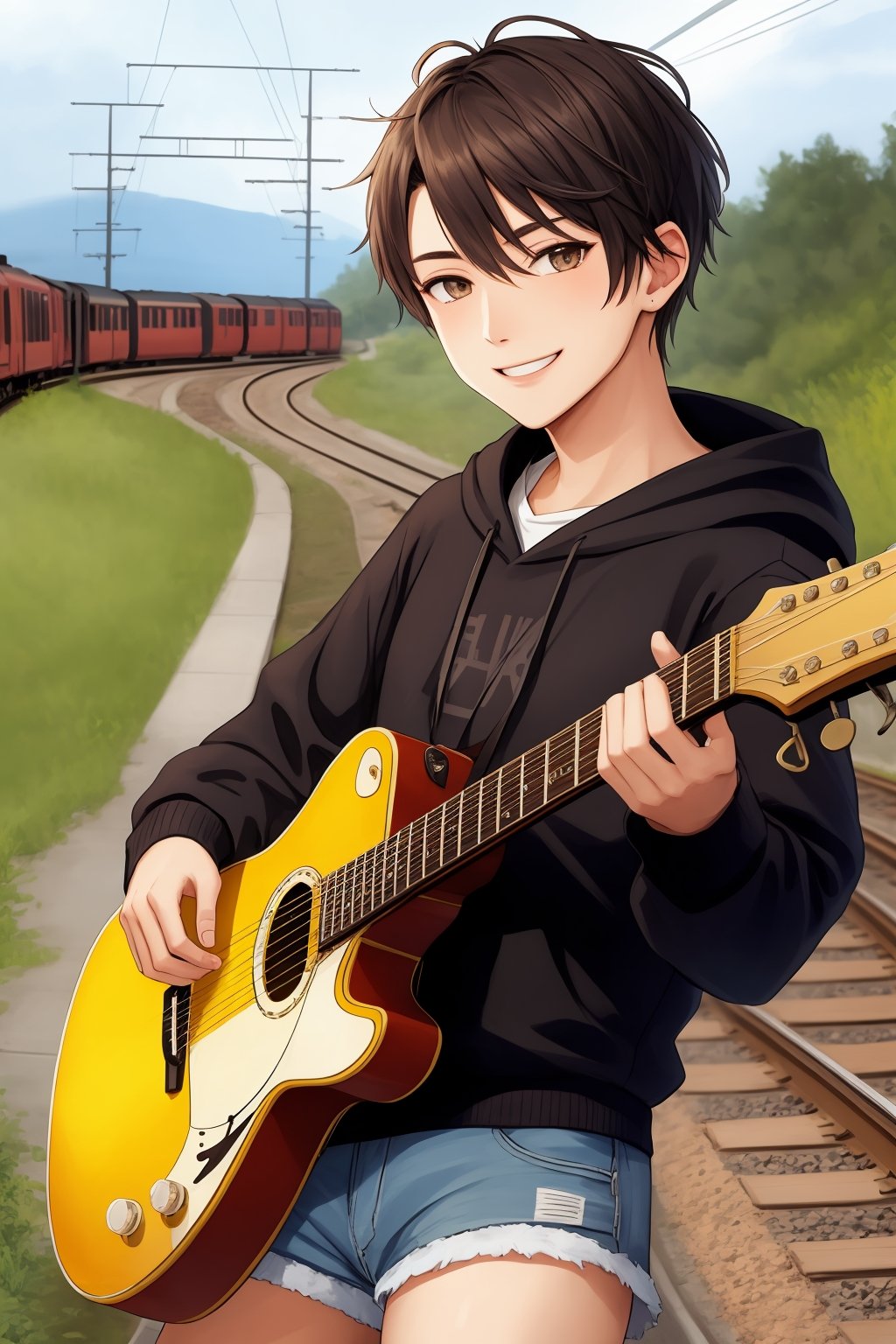 hoodie, shorts, very short hair, evil smile, 1boy, guitar, railroad crossing, 