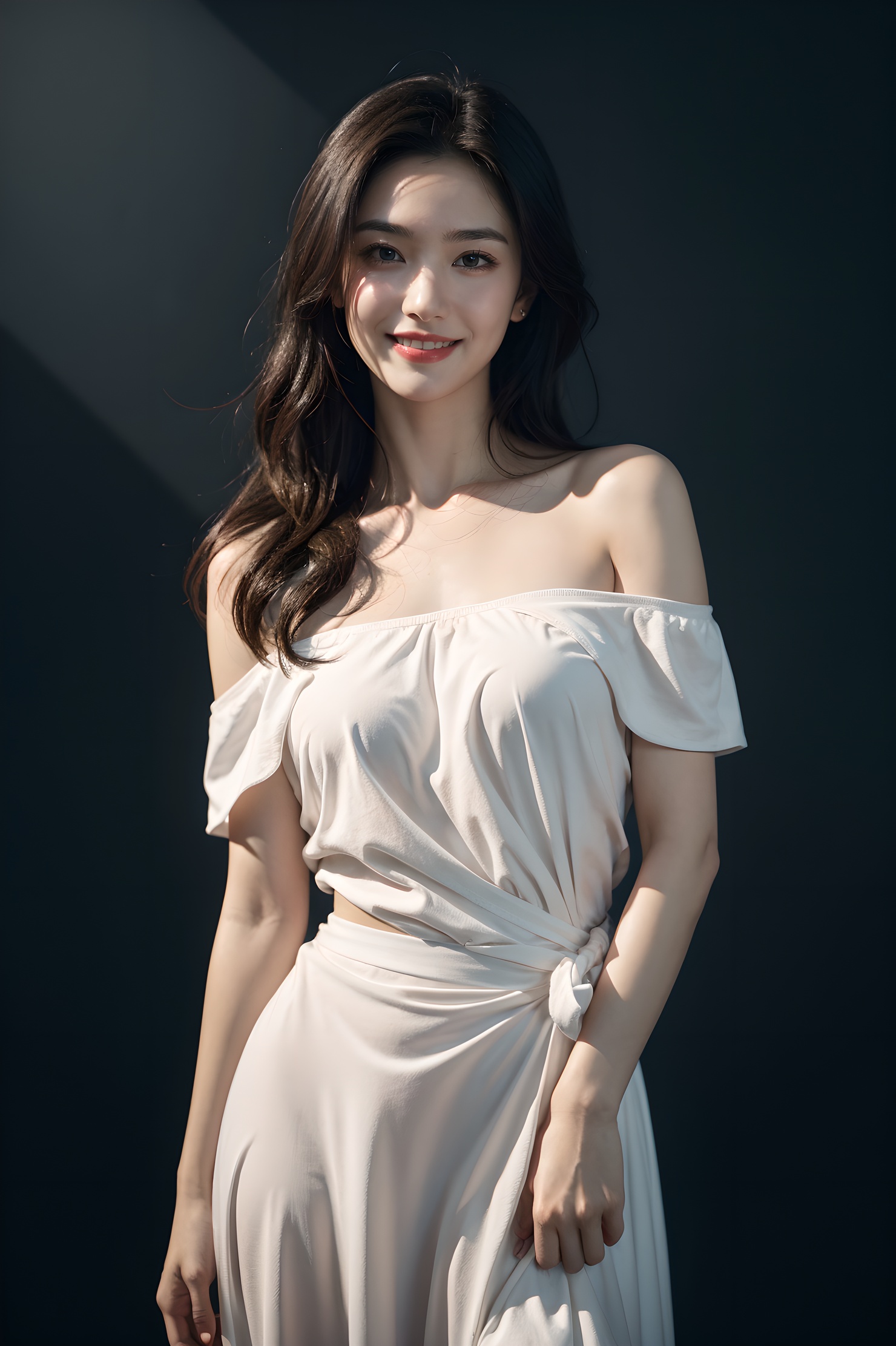 1girl, offshoulder, smile, cute, waist up, deep shadow, in the dark, low key.best quality, masterpiece, (photorealistic:1.4) .