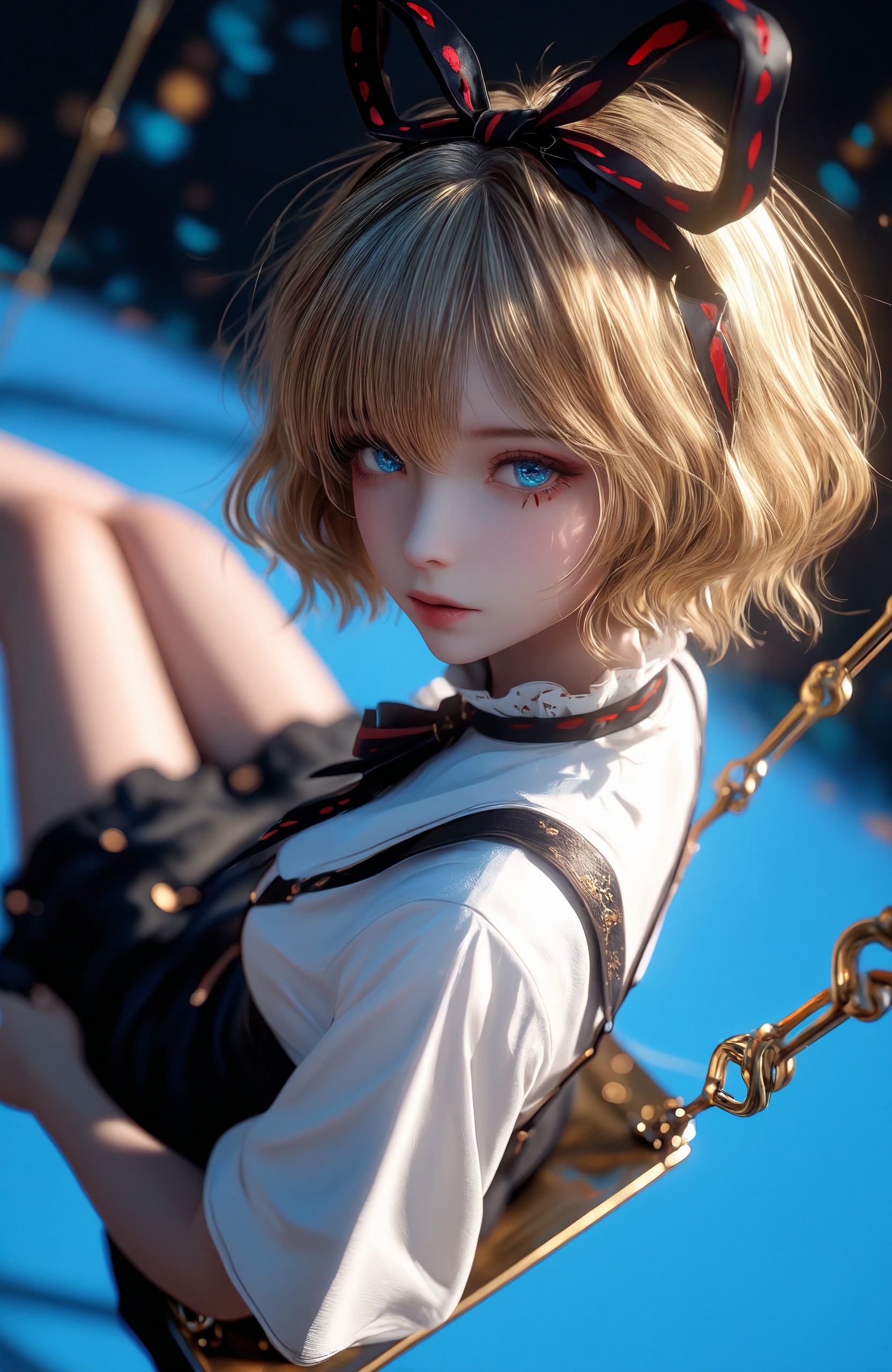 masterpiece, high_quality, highres, depth_of_field, subject_focus, 8K, absurdres, solo, dynamic_angle, black_background, blue_background, gold, woman, looking at viewer, melancholy,, editorial, fashion_photography, cinematic_scene, swing, abstract