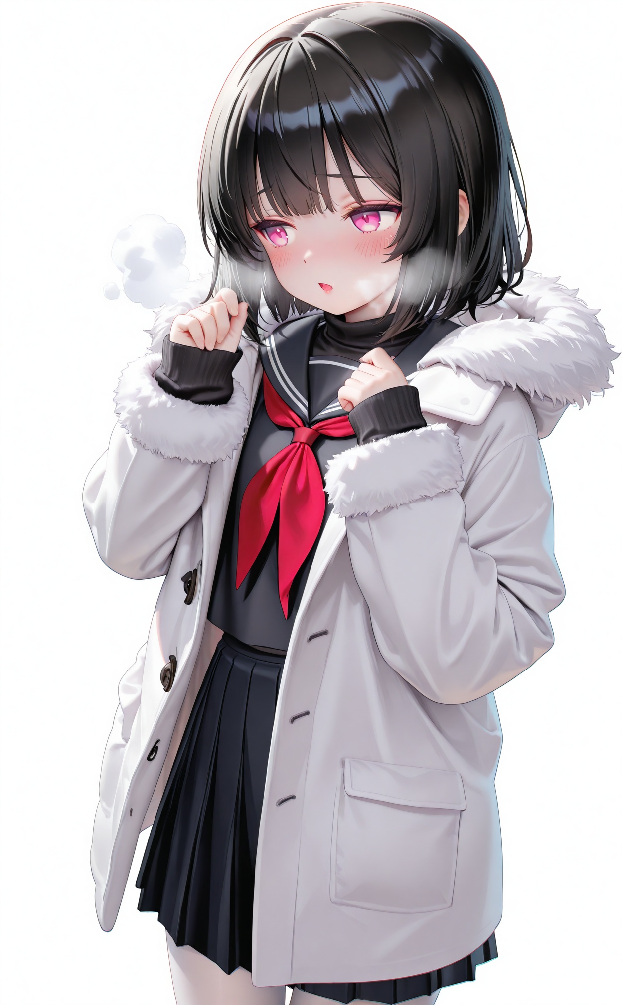 masterpiece,absurdres,best quality,high quality,chromatic_aberration,//,white_pantyhose,1girl,solo,black hair,red neckerchief,fur trim,coat,white pantyhose,pantyhose,skirt,school uniform,black serafuku,simple background,black skirt,short hair,serafuku,white background,pleated skirt,fur-trimmed coat,long sleeves,neckerchief,white coat,blush,pink eyes,black shirt,hands up,shirt,open coat,looking to the side,fur-trimmed sleeves,parted lips,sleeves past wrists,open mouth,open clothes,breath,cowboy shot,winter clothes,standing,fur-trimmed jacket,winter coat,raised eyebrows,//,<lora:228zjlt——【CKXL】hans:0.8>,