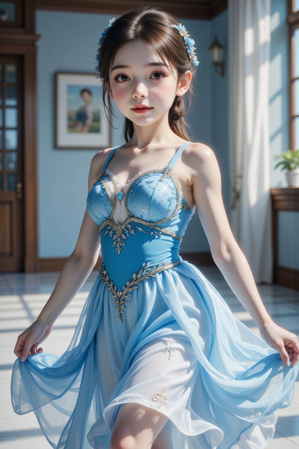This is a highly detailed, high-resolution photograph, photograph, realistic, HDR photo of cinematic film still, This photograph captures, young girl, wearing a blue and white, sleeveless, sparkling figure skating sheer dress, flowing skirt, indoors,