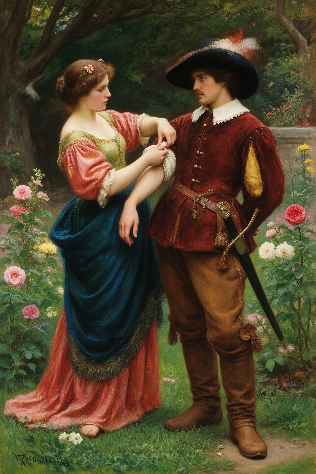 In the style of John Everett Millais,  A Huguenot couple in a garden,  the woman tying a white cloth on her lover's arm on...