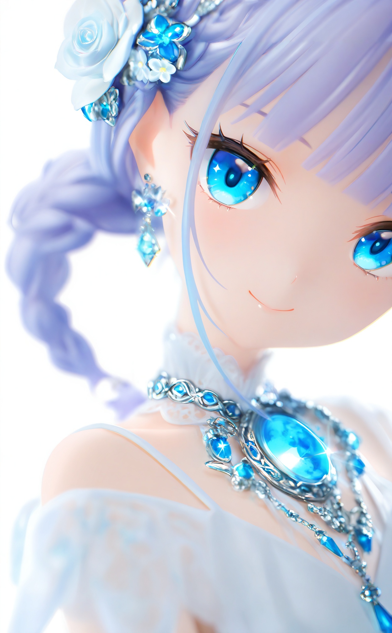 masterpiece,highres,absurdres,newest,best quality,high quality,loli,petite,chromatic_aberration,//,1girl, flower, solo, hair_flower, hair_ornament, earrings, white_background, jewelry, white_flower, smile, looking_at_viewer, blue_eyes, simple_background, gem, blue_gemstone, closed_mouth, white_rose, blue_flower, rose, portrait, sparkle, flower_earrings, blue_hair, dress, glint, blunt_bangs, purple_hair, white_dress, brooch, braid, eyelashes, upper_body//,//,<lora:pvc6——【noob】hans:1>,