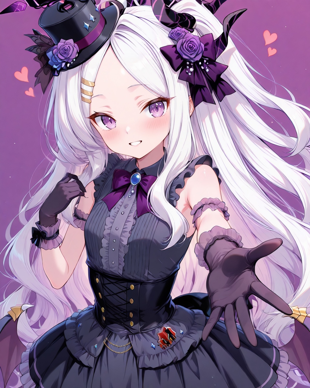 Hina (Blue Archive),O,O,five fingers Hina (blue archive),five fingers,1 girl,Hina (blue archive),long hair,solo,purple eyes,hat,wings,bangs,parted bangs,white hair,halo,looking at viewer,sidelocks,horns,ahoge,reaching towards viewer,smile,bow,sleeveless,frills,dress,demon wings,demon horns,black dress,outstretched arm,parted lips,hat flower,bowtie,forehead,low wings,small breasts,black headwear,breasts,multiple horns,hair ornament,hand on own chest,top hat,polka dot,very long hair,demon girl,outstretched hand,blush,flower,heart,wrist cuffs,ribbon,alternate costume,mini hat,official alternate costume,purple horns,lolita fashion,purple flower,skirt,purple background,frilled dress,simple background,center frills,bat wings,rose,detached sleeves,mini top hat,purple bow,white shirt,gothic lolita,eyes visible through hair,black skirt,purple rose,sleeveless dress,(UHD),anatomically correct,accurate,textured skin,super detail,high details,award winning,best quality,high quality,retina,HD,16k,1080P,(UHD),anatomically correct,accurate,textured skin,super detail,high details,award winning,best quality,high quality,retina,HD,16k,1080P,