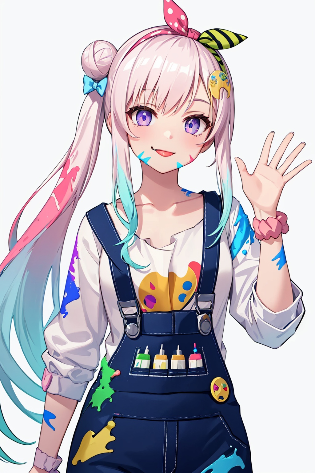 masterpiece,best quality, highly detailed, airani iofifteen,virtual youtuber, 1girl, overalls, solo, tongue out, single side bun, side ponytail, popsicle, waving, single hair bun, paint splatter on face, holding food, hairband, looking at viewer, white background, collarbone, blue bow, hair bow, smile, off shoulder, wrist scrunchie,<lora:airani_iofifteen:1>