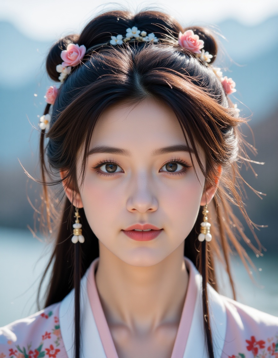 <lora:20250110_AgainCharacters_Flux:1>, 1girl, solo, earrings, jewelry, realistic, looking at viewer, long hair, brown hair, blurry background, hair ornament, flower, blurry, hair flower, hair bun, portrait, closed mouth, chinese clothes