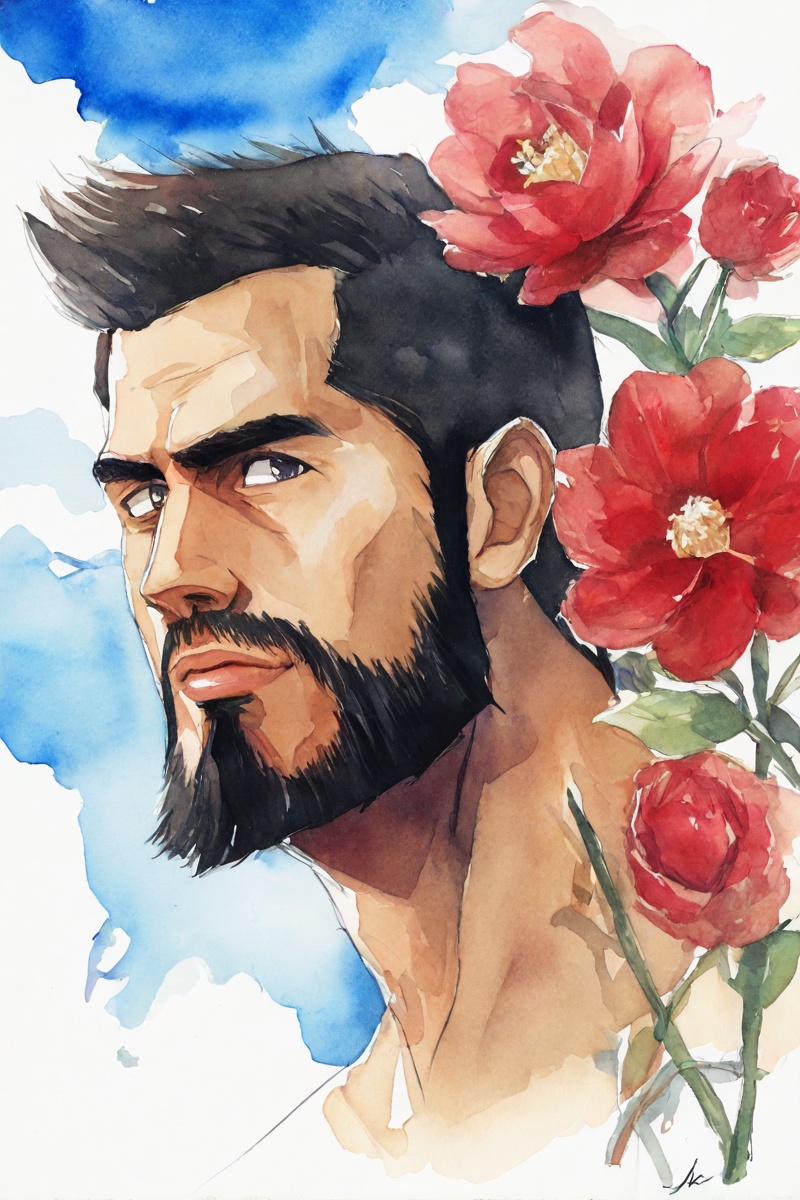 <lora:ArsMJStylePony_-_Watercolor:0.8>,arsmjstyle,beard,blue sky,cloud,flower,lips,looking at viewer,male focus,painting \(medium\),red flower,sky,watercolor,white background,