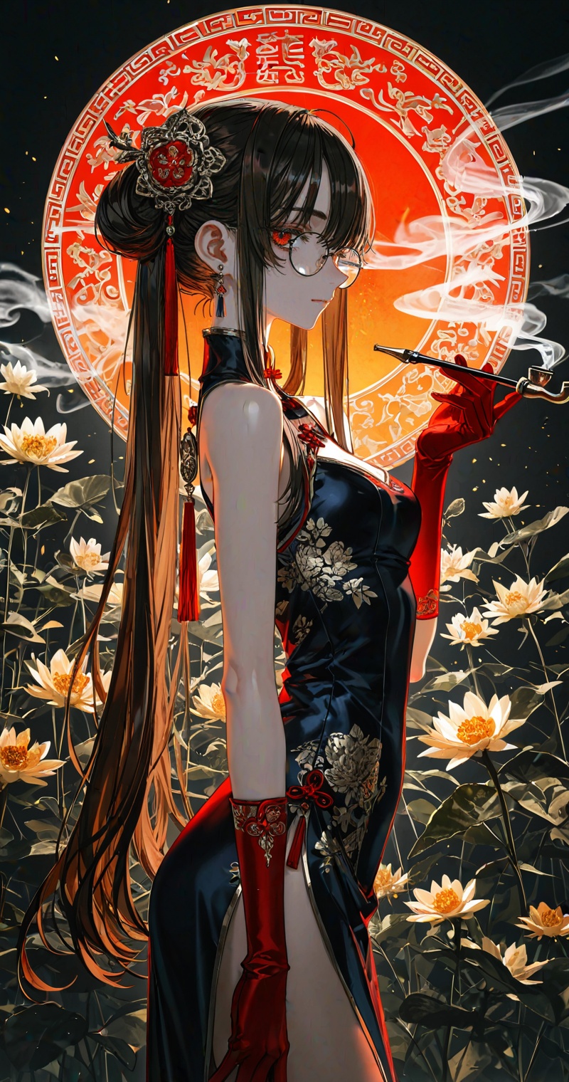 1girl,solo,long hair,breasts,looking at viewer,bangs,brown hair,black hair,hair ornament,gloves,dress,holding,bare shoulders,closed mouth,flower,glasses,from side,chinese clothes,china dress,red gloves,smoke,smoking pipe,close-up details,outstanding style,adding a touch of dimension to your images without compromising details,whirls of vapor,iridescent textures,(Anime:1.1),ethereal ambiance,delicate details,magical high-concept,32K UHD,sharp focus,best-quality,masterpiece,golden hour,unconventional supreme masterpiece,masterful details,temperate atmosphere,with a high-end texture,in the style of fashion photography,photography,cover,dynamic angle,dynamic posture,(artist:quasarcake:0.8),extreme aesthetic,(wlop:0.6),(honjou raita, lack, rella:0.5, wanke),masterpiece,best quality,good quality,very aesthetic,absurdres,visual impact,a shot with tension,ultra-high resolution,32K UHD,sharp focus,best-quality,masterpiece,emotionalization,unconventional supreme masterpiece,masterful details,temperate atmosphere,with a high-end texture,in the style of fashion photography,(visual impact:1.2),giving the poster a dynamic and visually striking appearance,impactful picture,official art,colorful,splash of color,movie perspective,masterpiece,best quality,amazing quality,very aesthetic,absurdres,best quality,newest,