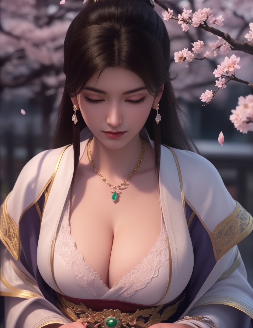 ultra realistic 8k cg, picture-perfect face, flawless, clean, masterpiece, professional artwork, famous artwork, cinematic lighting, cinematic bloom, perfect face, beautiful face, fantasy, dreamlike, unreal, science fiction, huge breasts, beautiful clothes, lace, lace trim, lace-trimmed legwear,  (rich:1.4), prestige, luxury, jewelry, diamond, gold, pearl, gem, sapphire, ruby, emerald, intricate detail, delicate pattern, charming, alluring, seductive, erotic, enchanting, hair ornament, necklace, earrings, bracelet, armlet,halo((,1girl, pov,))(((cherry_blossoms, branch, 1girl, tree, spring_\(season\), solo, petals, black_hair, japanese_clothes,looking at viewer, )))     <lora:DA_YueYaoMenswear:0.6>