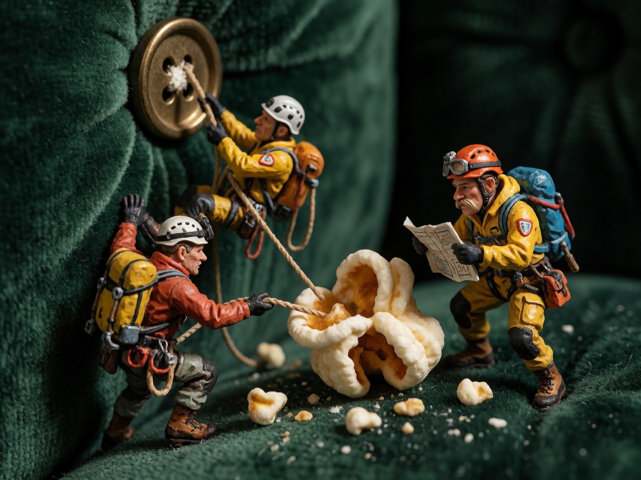 A wonderfully absurd cinematic macro photograph of three tiny hand-painted mountain rescue figurines attempting to recover...