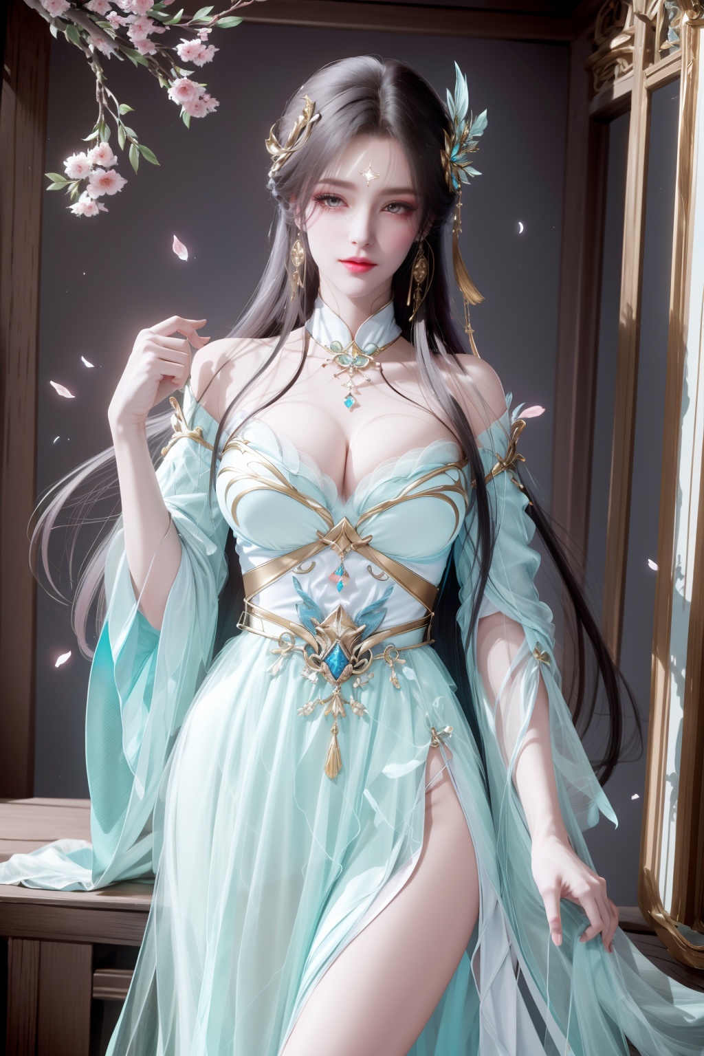 8k,RAW photo,best quality,masterpiece,hatching (texture),skin gloss,light persona,artbook,extremely detailed CG unity 8k wallpaper,official art,(high detailed skin),glossy skin,contrapposto,female focus,sexy,fine fabric emphasis,wall paper,leaning_on_object,leaning,1girl,dress,hair ornament,long hair,earrings,jewelry,solo,blue dress,solo,red_lips,makeup,very long hair,hanfu,fate/stay night,blue circle,petals,branch,snowing,snow,bird,mountain,sky,leaf,xxe-hd,<lora:0418萧薰儿12864:0.8>,ll-hd,<lora:1111白皙质感:0.5>,ty-hd,<lora:0110田野:0.6>,gf-hd,<lora:0418古风背景12864:0.1>,
