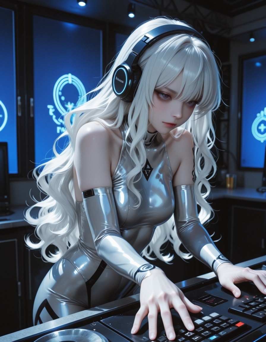 Remote wide-angle front-view anime-style digital illustration of a cool,  extremely beautiful woman standing behind a DJ b...