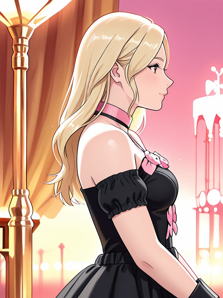 pinkandblackdresswithbows,  side view a beautiful young blonde woman with deep brown eyes wearing a sexy black dress with...