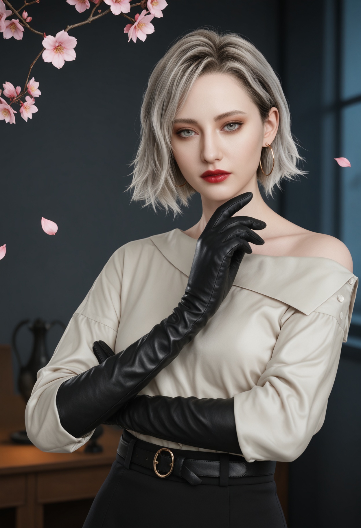 (upper_body:1.2),(looking at viewer:1.1),masterpiece,(best quality),smog,Dark room,dim lighting,peach blossom,falling petals,<lora:YQ_Illustrious光辉v5_格蕾丝_V1:0.8>,q1528437228,solo,1girl,short hair,shirt,earrings,jewelry,blonde hair,gloves,black gloves,white shirt,grey eyes,hoop earrings,skirt,grey hair,red lips,black skirt,belt,long sleeves,long skirt,brown eyes,pants,black footwear,black hair,boots,elbow gloves,lipstick,blue eyes,multicolored hair,off-shoulder shirt,