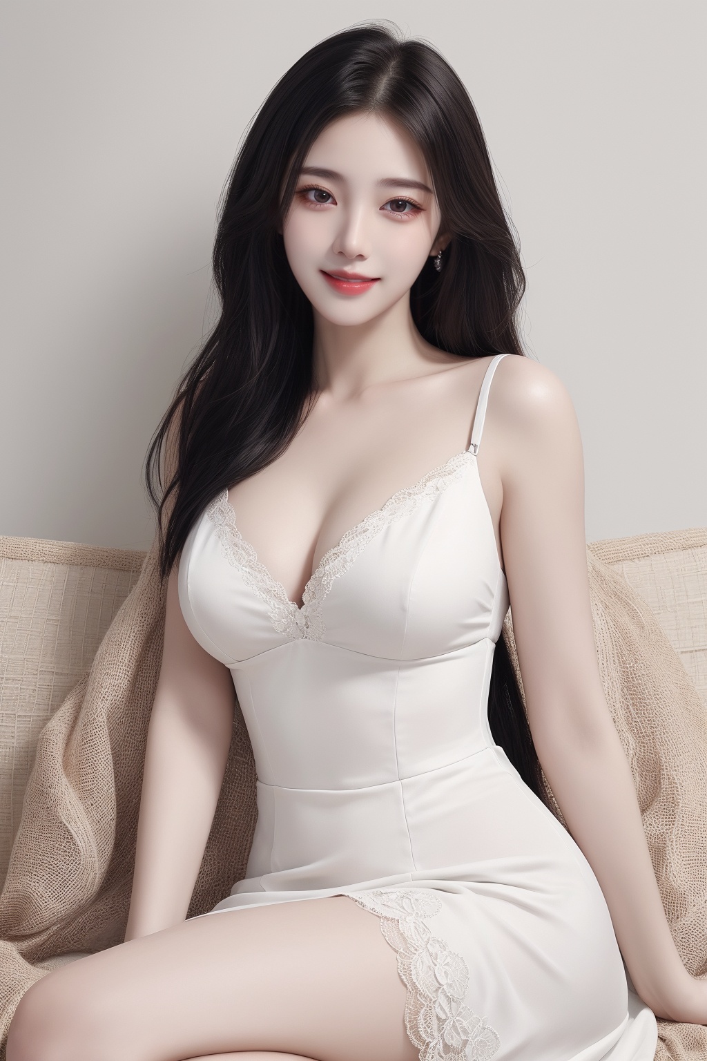 1girl, arm support, black hair, breasts, brown eyes, cleavage, dress, large breasts, lips, long hair, looking at viewer, photorealistic, realistic, sitting, smile, solo, white dress <lora:女:0.8>