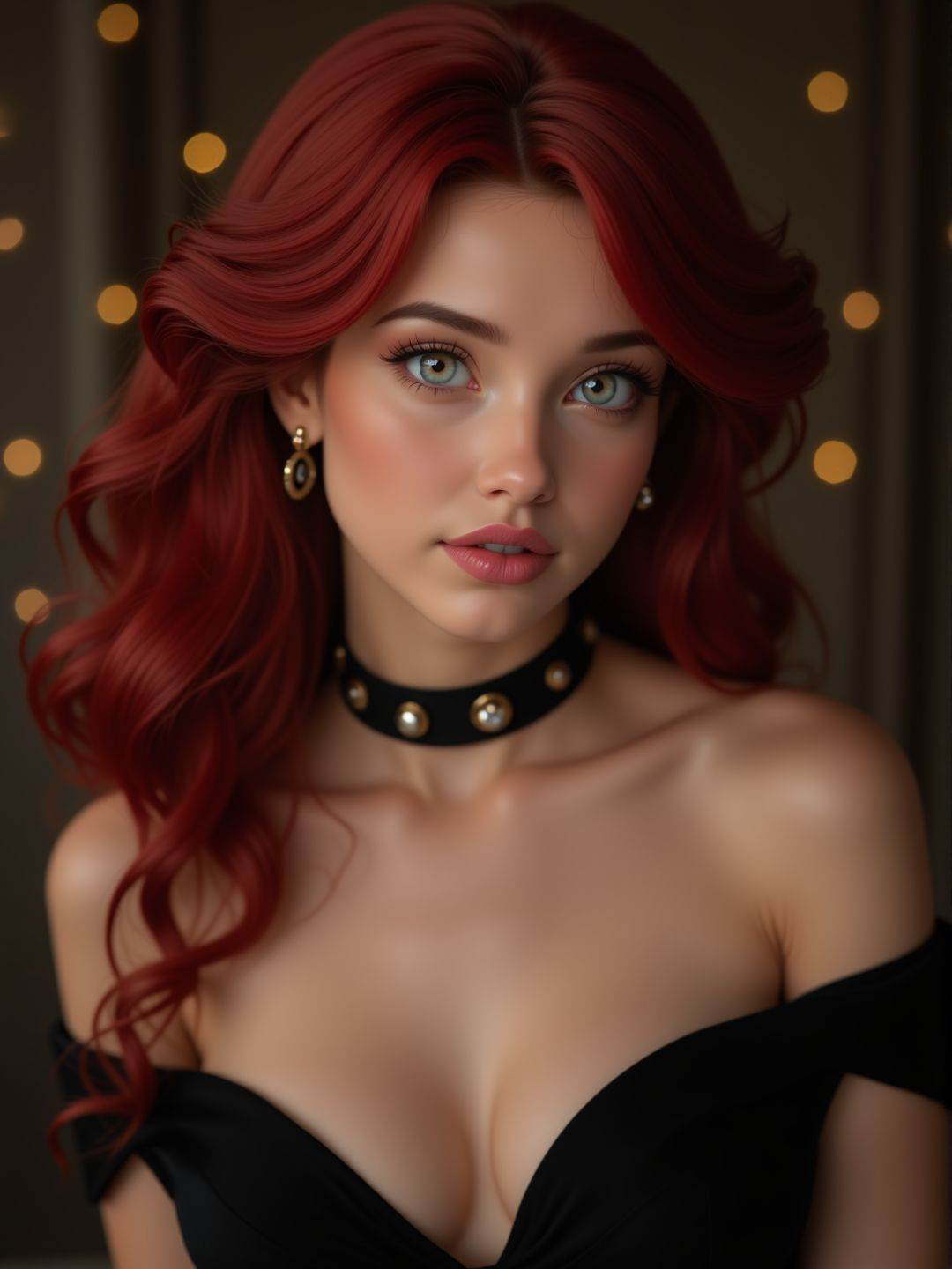A close portrait of a young elegant woman. 18yo. She wears a black elegant dress ,  earrings,  eyeliner and a choker. Her...