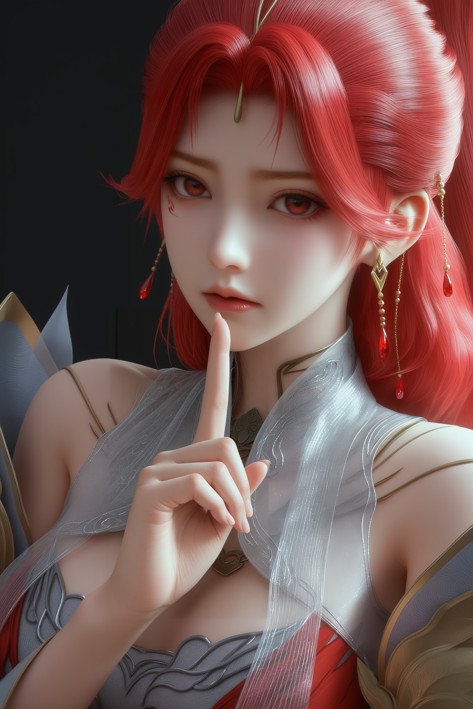 masterpiece,best quality,absurdres,highres,1girl,solo,<lora:火允儿-ill:0.83>,huoyuner,red hair,long hair,high ponytail,makeup,upper body,BREAKcollarbone,sheer overlay,bare shoulders,sheer collar,high collar,jewelry,hair ornament,dangling earrings,red gemstone,forehead decoration,detached sleeves,fantasy dress,looking at viewer,front view,(shushing:1.1),BREAK(white_skin:1.1),(fair_skin:1.1),realistic,simple background,black background,