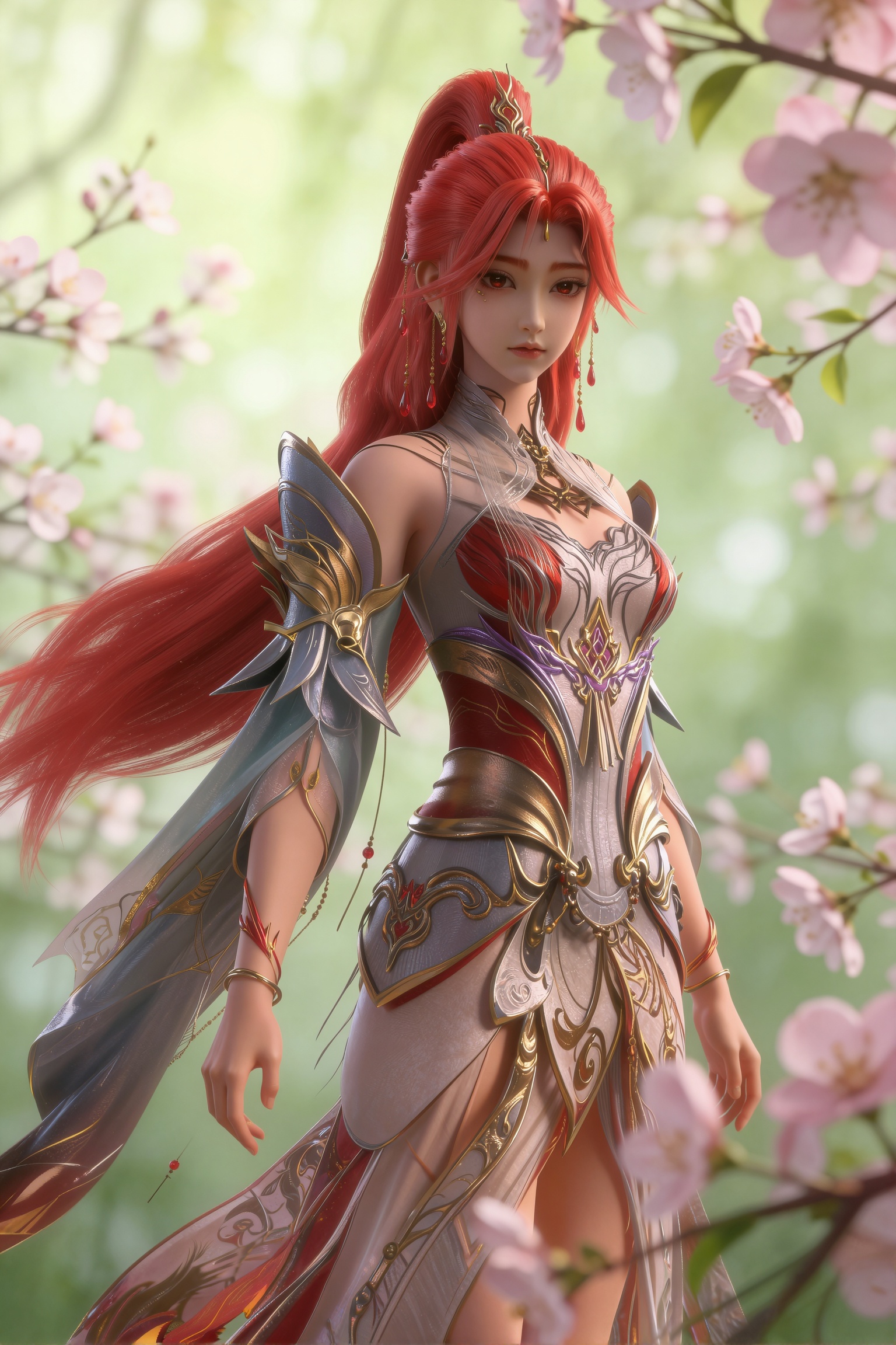 <lora:hye_lora_v2:1>,火允儿,她有一头长长的,飘逸的红头发梳着高高的马尾辫,戴着金色的发饰,red eyes,穿着一件精致华丽的连衣裙,上面有复杂的金色和红色图案,领口很高,肩部有翼状的延伸,裙子很长,有着透明的缎带般的层次,一直垂到脚踝,半身特写，背景是柔和,模糊的绿色,前景和背景中有白色的樱花,增添了一种深度感和自然,宁静的氛围,樱花的细节是柔软的粉红色花瓣和绿叶,与她大胆的红色头发和盔甲形成鲜明对比,图像的整体构图是平衡的,角色位于中心,将观众的注意力吸引到她细致的盔甲和引人注目的特征上,灯光柔和,突出了她的头发和盔甲的纹理,而背景则略微失焦,以保持对角色的强调,这位艺术家使用了一种现实而程式化的方法,这是高质量数字动漫艺术的典型特征,