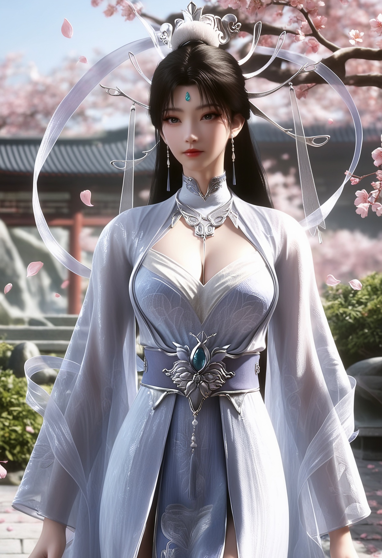 masterpiece,best quality,amazing quality,very aesthetic,high resolution,ultra-detailed,absurdres,scenery,photorealistic,(looking at viewer:1.1),upper body,(moody lighting:1.1),peach blossom,falling petals,(large breasts:0.8),chuyue,1girl,solo,black eyes,black hair,long hair,earrings,jewelry,dress,white dress,hair ornament,chinese clothes,forehead mark,hair bun,expressionless,closed mouth,long sleeves,shawl,shoes BREAK photorealistic details,<lora:QQSillchuyueV1:0.8>,